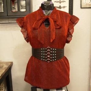 Red & Black Glittery Pussy Bow Frilly Tank Top